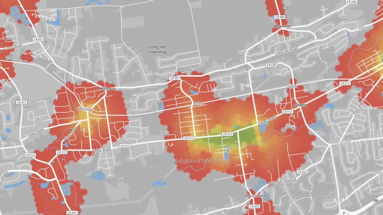 Walk Grade map of Stirling, NJ, walkable areas in green and car-dependent areas in red