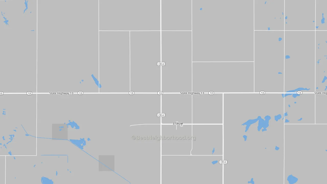 Walk Grade map of Stirum, ND, walkable areas in green and car-dependent areas in red