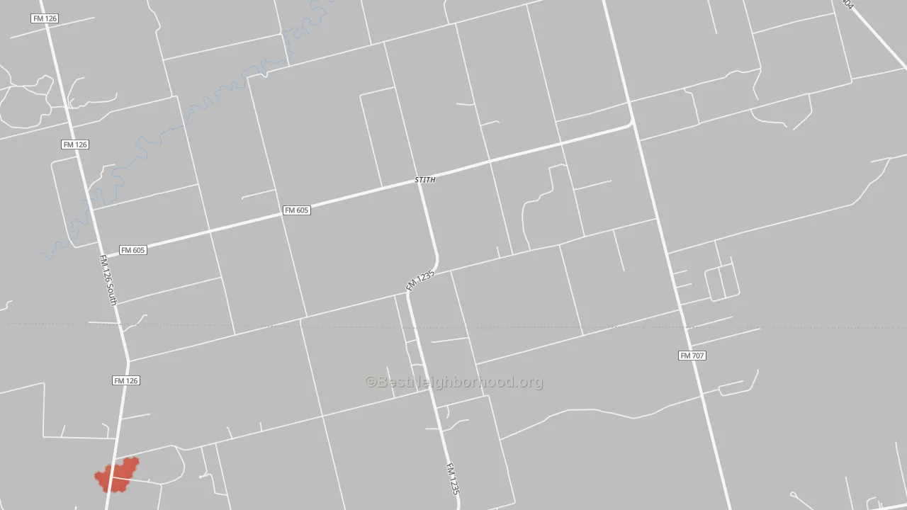 Walk Grade map of Stith, TX, walkable areas in green and car-dependent areas in red