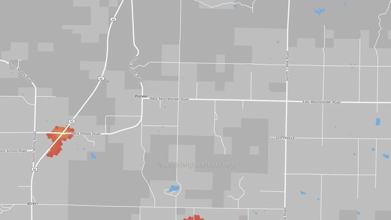 Walk Grade map of Stittsville, MI, walkable areas in green and car-dependent areas in red