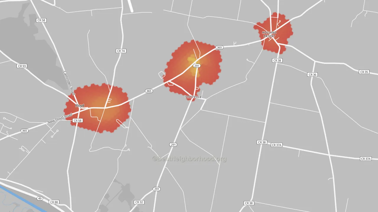 Walk Grade map of Stittville, NY, walkable areas in green and car-dependent areas in red