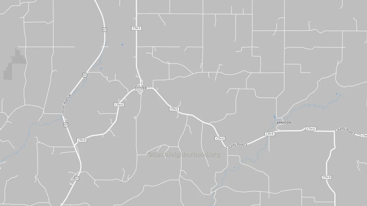 Walk Grade map of Stitzer, WI, walkable areas in green and car-dependent areas in red