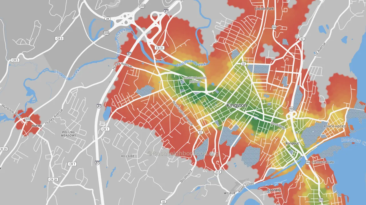 Walk Grade map of Stockade District, Kingston, NY, walkable areas in green and car-dependent areas in red