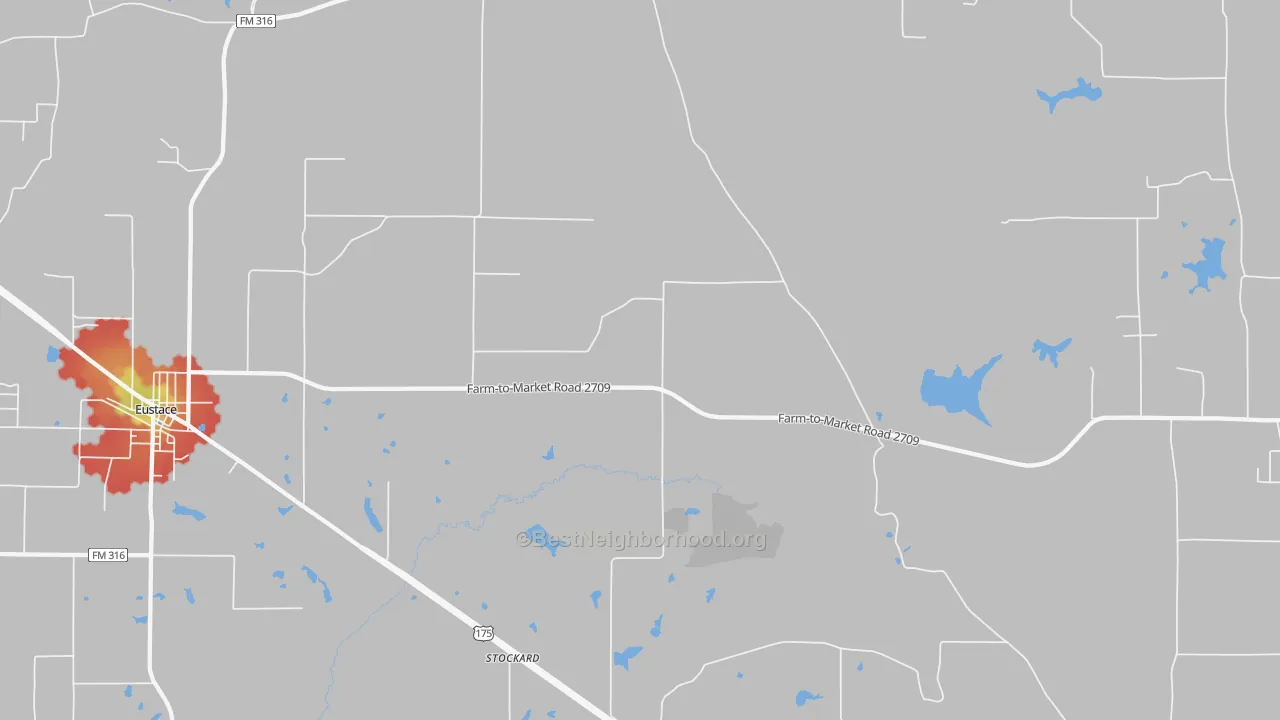 Walk Grade map of Stockard, TX, walkable areas in green and car-dependent areas in red