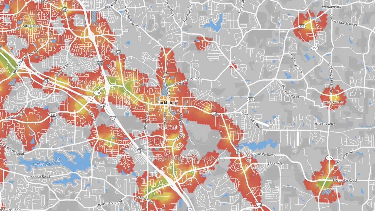 Walk Grade map of Stockbridge, GA, walkable areas in green and car-dependent areas in red