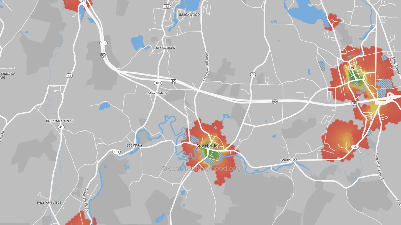 Walk Grade map of Stockbridge, MA, walkable areas in green and car-dependent areas in red