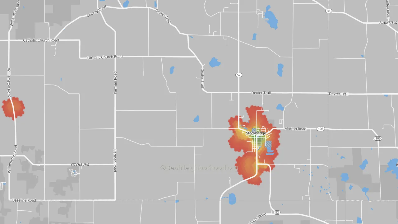 Walk Grade map of Stockbridge, MI, walkable areas in green and car-dependent areas in red