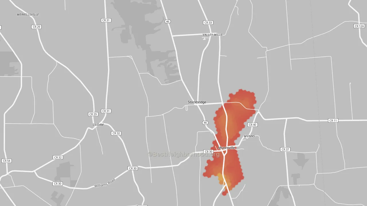 Walk Grade map of Stockbridge, NY, walkable areas in green and car-dependent areas in red