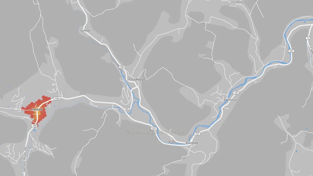 Walk Grade map of Stockbridge, VT, walkable areas in green and car-dependent areas in red