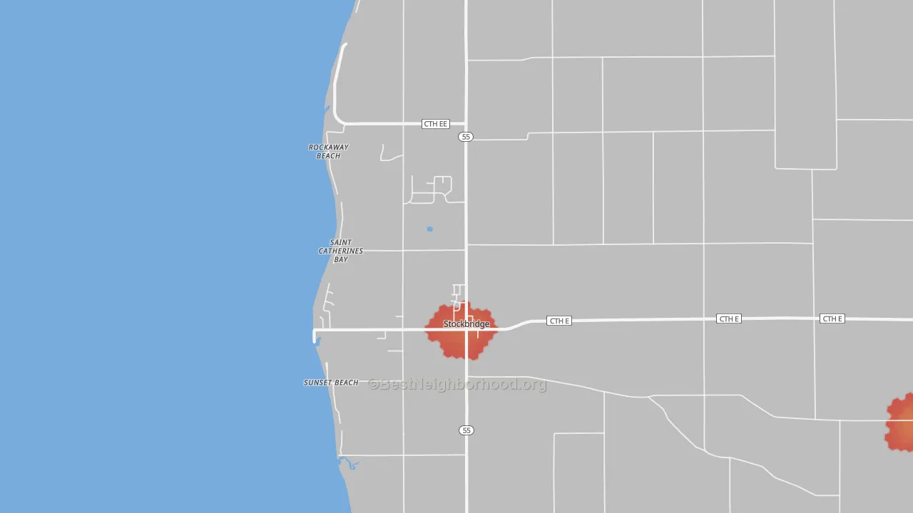 Walk Grade map of Stockbridge, WI, walkable areas in green and car-dependent areas in red