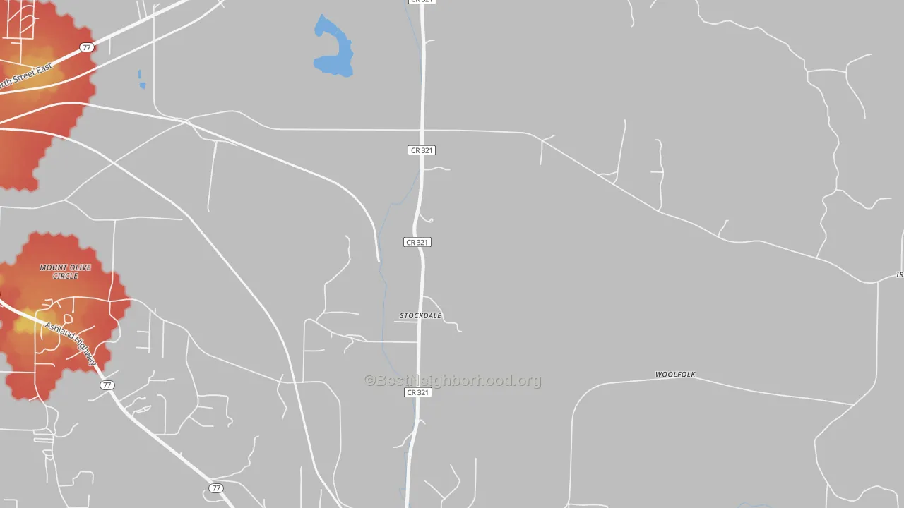 Walk Grade map of Stockdale, AL, walkable areas in green and car-dependent areas in red