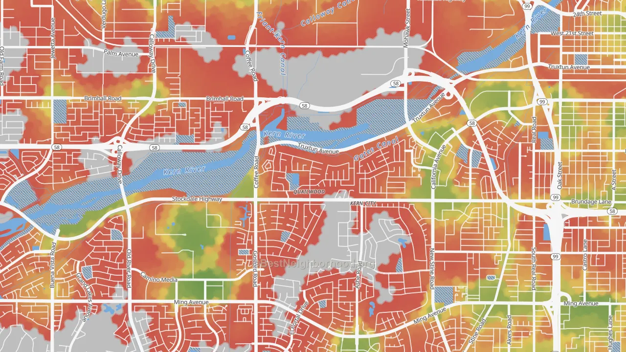 Walk Grade map of Stockdale Greens, Bakersfield, CA, walkable areas in green and car-dependent areas in red