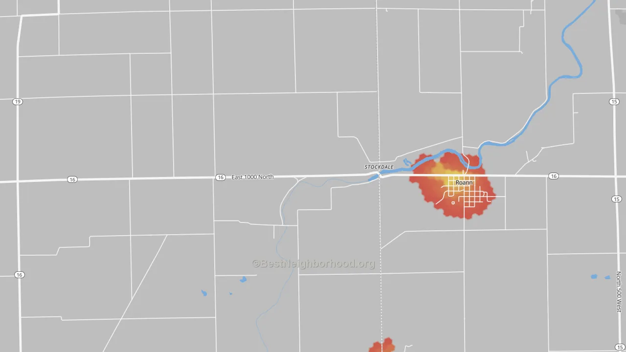 Walk Grade map of Stockdale, IN, walkable areas in green and car-dependent areas in red