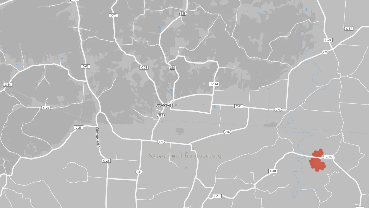 Walk Grade map of Stockdale, OH, walkable areas in green and car-dependent areas in red