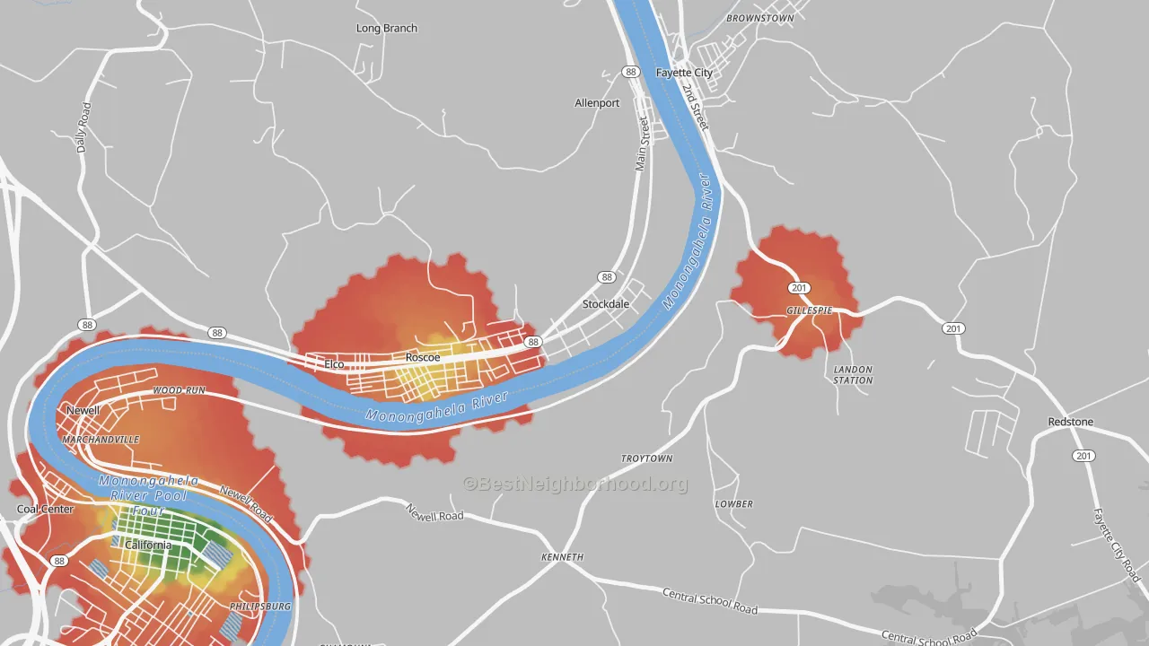 Walk Grade map of Stockdale, PA, walkable areas in green and car-dependent areas in red