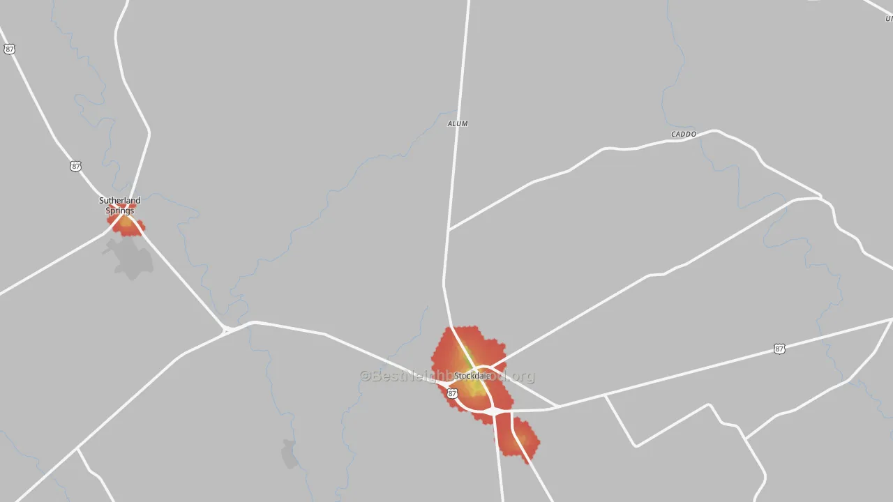 Walk Grade map of Stockdale, TX, walkable areas in green and car-dependent areas in red