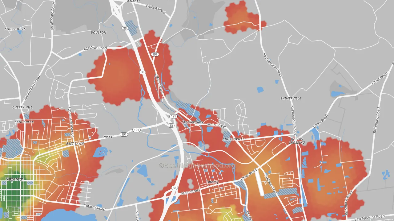Walk Grade map of Stockertown, PA, walkable areas in green and car-dependent areas in red