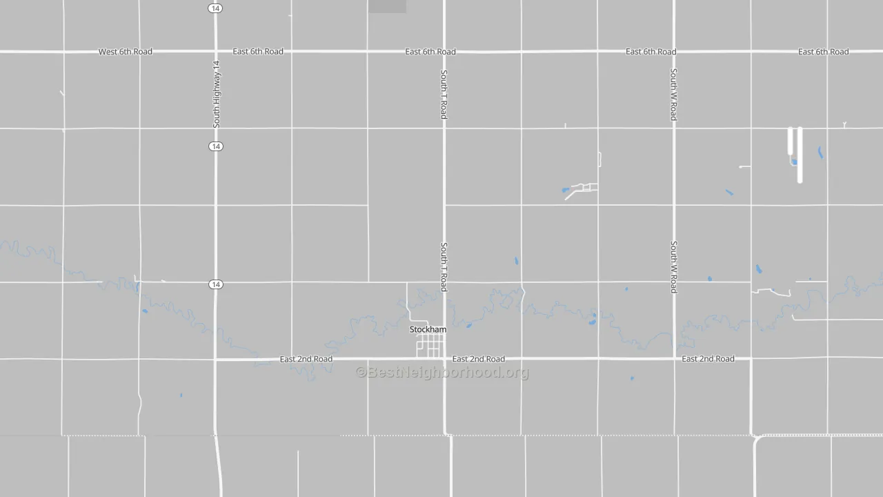 Walk Grade map of Stockham, NE, walkable areas in green and car-dependent areas in red