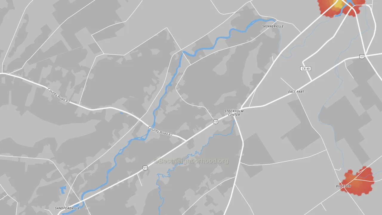 Walk Grade map of Stockholm Center, NY, walkable areas in green and car-dependent areas in red