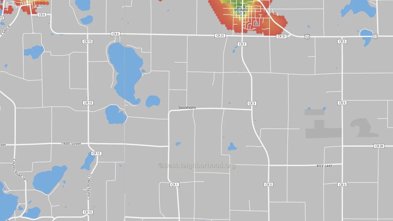 Walk Grade map of Stockholm, MN, walkable areas in green and car-dependent areas in red