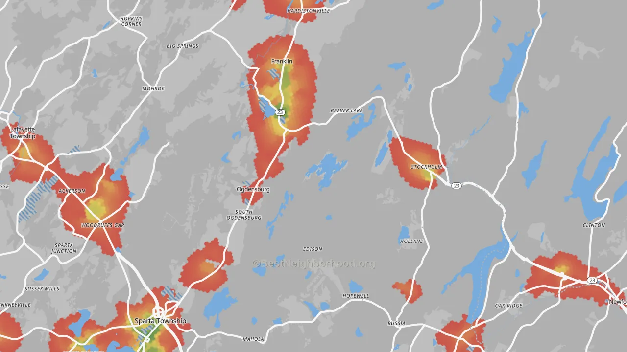 Walk Grade map of Stockholm, NJ, walkable areas in green and car-dependent areas in red