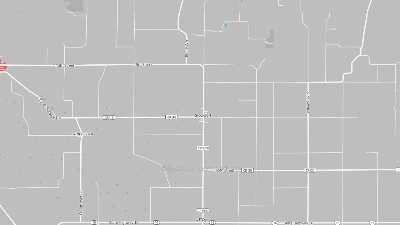Walk Grade map of Stockport, IA, walkable areas in green and car-dependent areas in red
