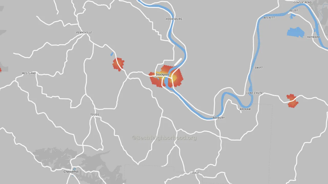 Walk Grade map of Stockport, OH, walkable areas in green and car-dependent areas in red