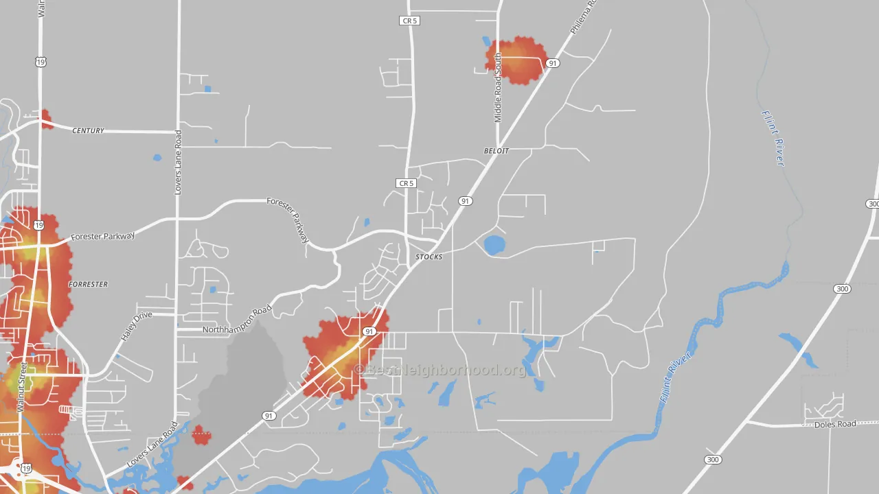 Walk Grade map of Stocks, GA, walkable areas in green and car-dependent areas in red