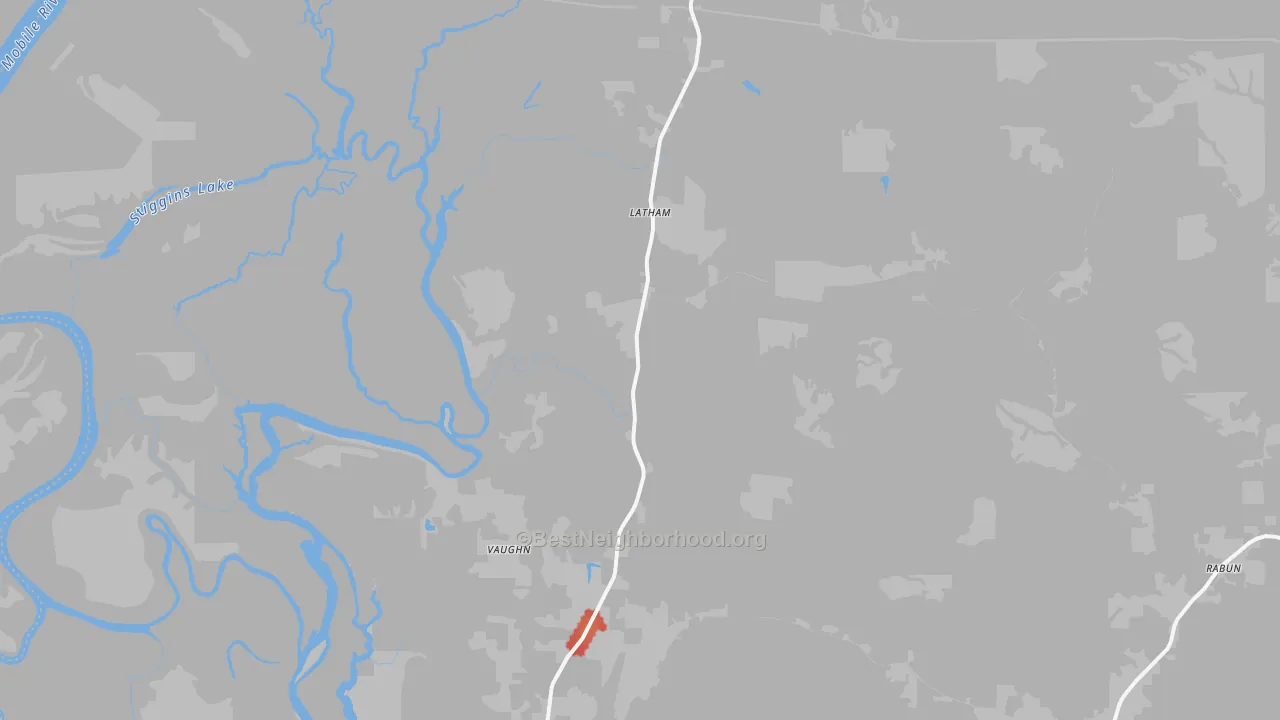 Walk Grade map of Stockton, AL, walkable areas in green and car-dependent areas in red