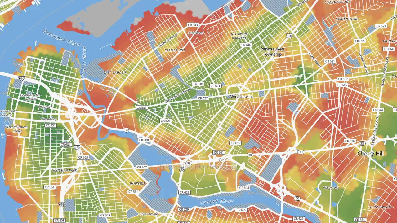Walk Grade map of Stockton, Camden, NJ, walkable areas in green and car-dependent areas in red