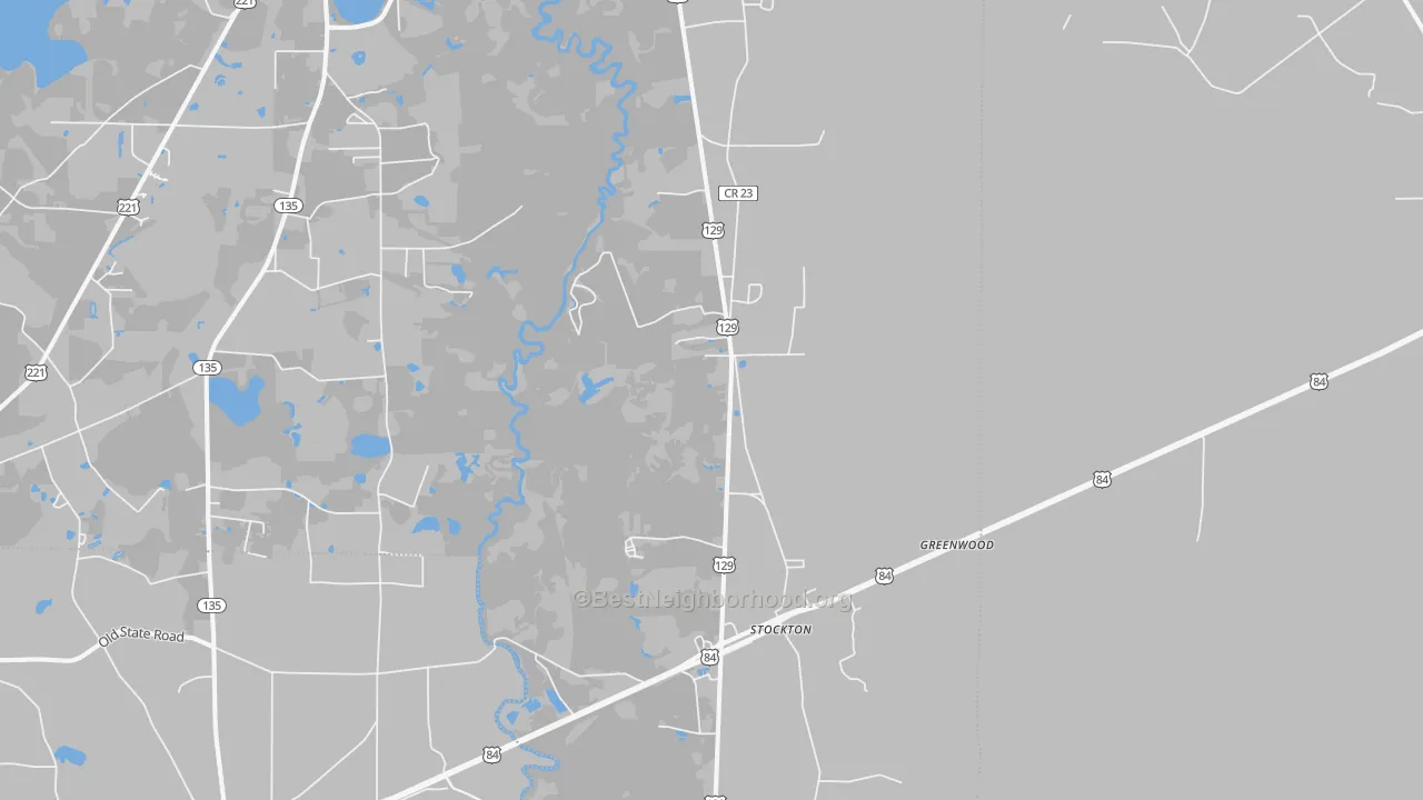 Walk Grade map of Stockton, GA, walkable areas in green and car-dependent areas in red