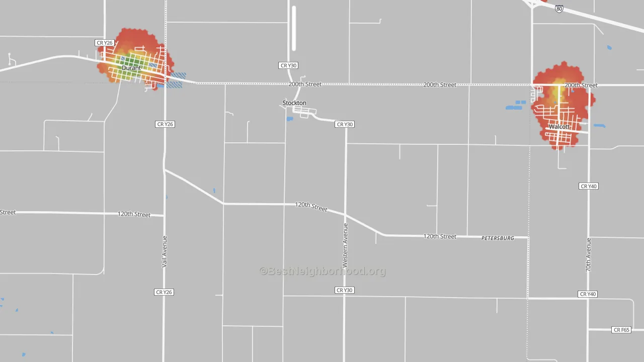 Walk Grade map of Stockton, IA, walkable areas in green and car-dependent areas in red