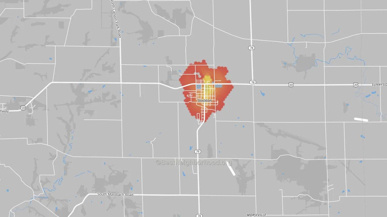 Walk Grade map of Stockton, IL, walkable areas in green and car-dependent areas in red