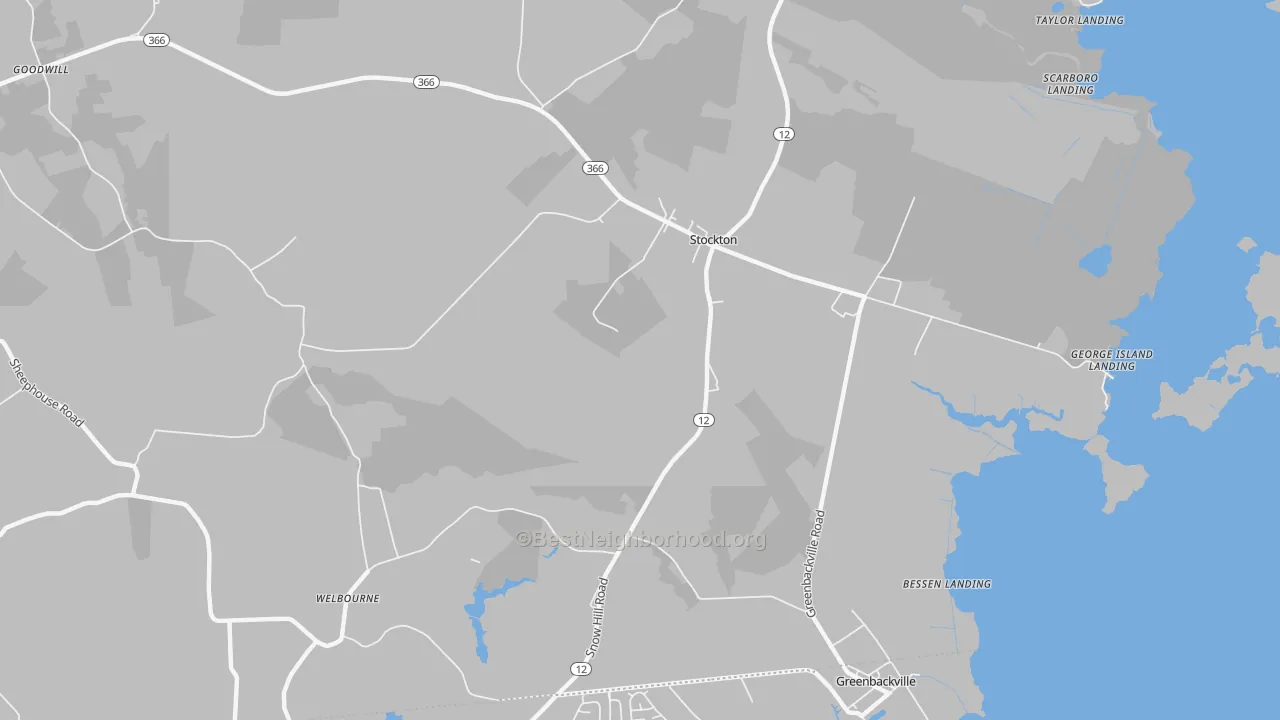 Walk Grade map of Stockton, MD, walkable areas in green and car-dependent areas in red