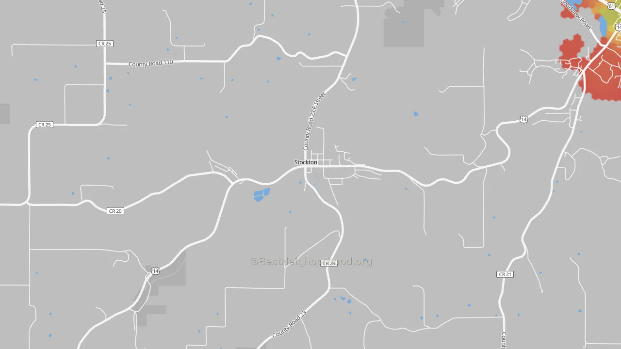 Walk Grade map of Stockton, MN, walkable areas in green and car-dependent areas in red