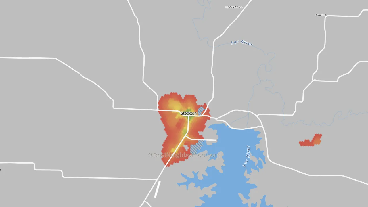 Walk Grade map of Stockton, MO, walkable areas in green and car-dependent areas in red