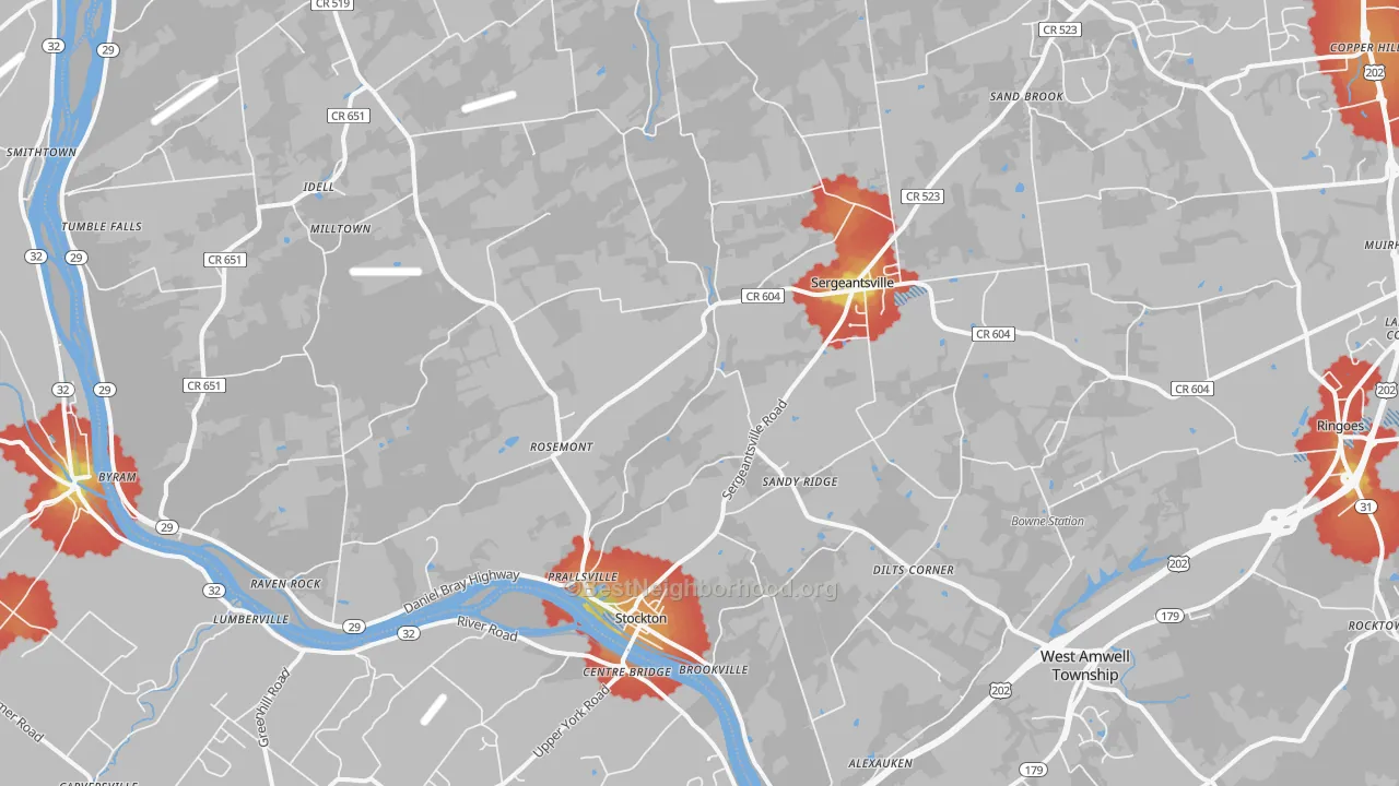 Walk Grade map of Stockton, NJ, walkable areas in green and car-dependent areas in red