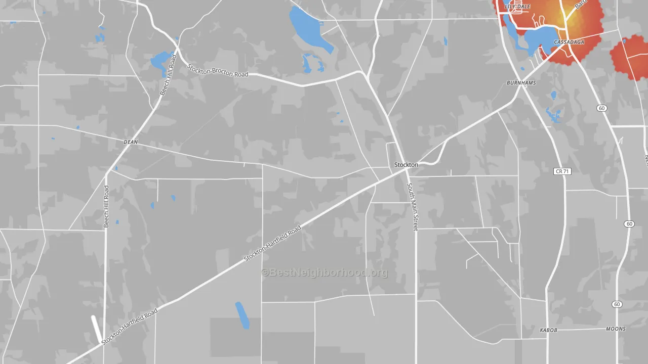 Walk Grade map of Stockton, NY, walkable areas in green and car-dependent areas in red