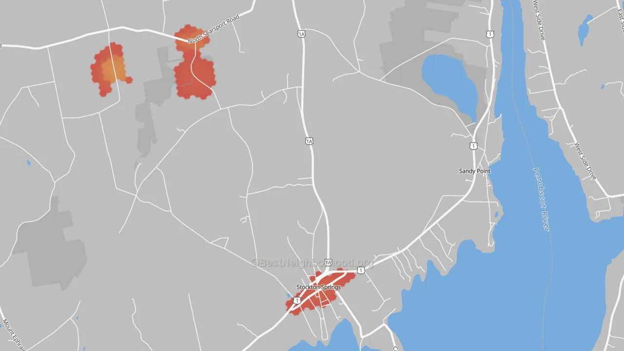 Walk Grade map of Stockton Springs, ME, walkable areas in green and car-dependent areas in red