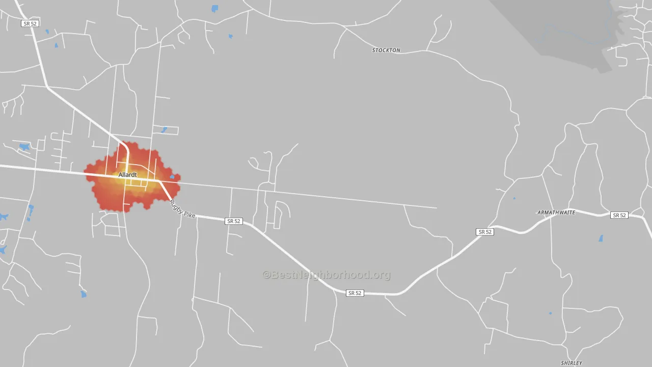 Walk Grade map of Stockton, TN, walkable areas in green and car-dependent areas in red