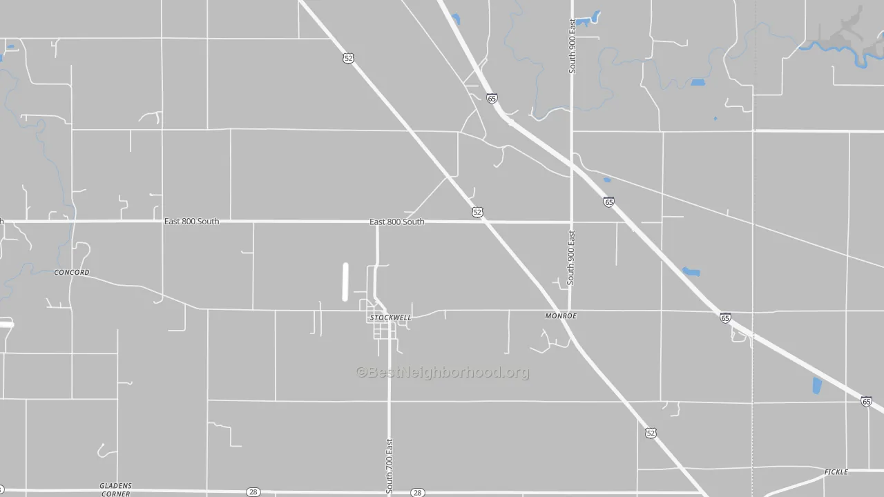 Walk Grade map of Stockwell, IN, walkable areas in green and car-dependent areas in red