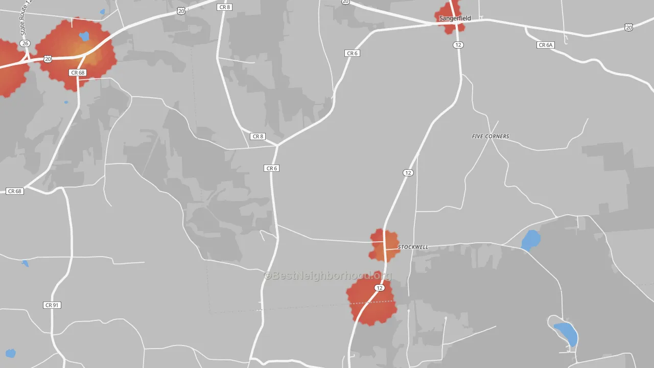 Walk Grade map of Stockwell, NY, walkable areas in green and car-dependent areas in red
