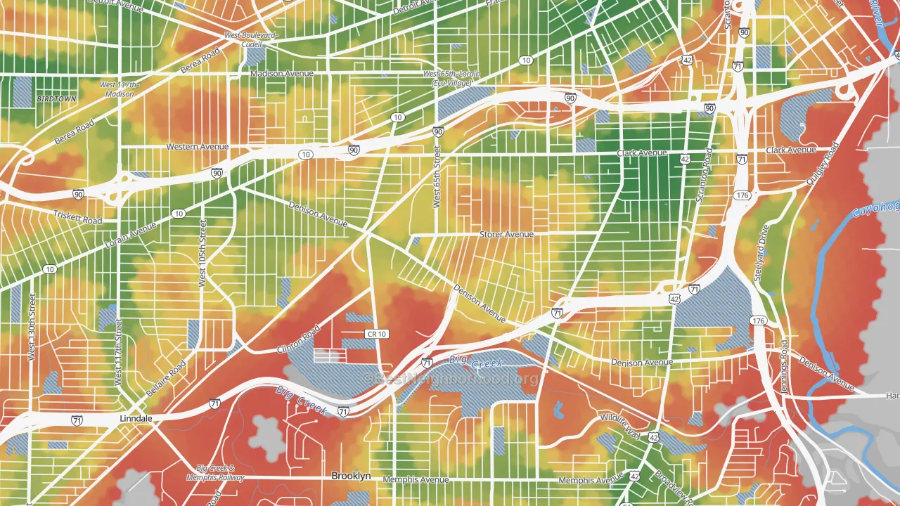 Walk Grade map of Stockyards, Cleveland, OH, walkable areas in green and car-dependent areas in red