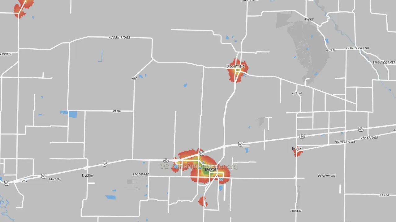 Walk Grade map of Stoddard County, MO, walkable areas in green and car-dependent areas in red