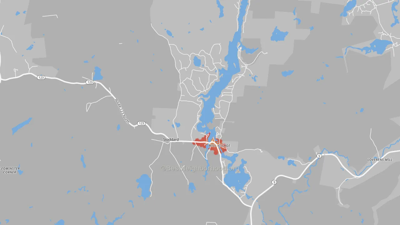 Walk Grade map of Stoddard, NH, walkable areas in green and car-dependent areas in red