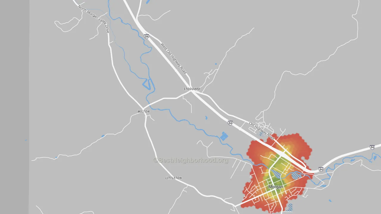Walk Grade map of Stoddard, UT, walkable areas in green and car-dependent areas in red