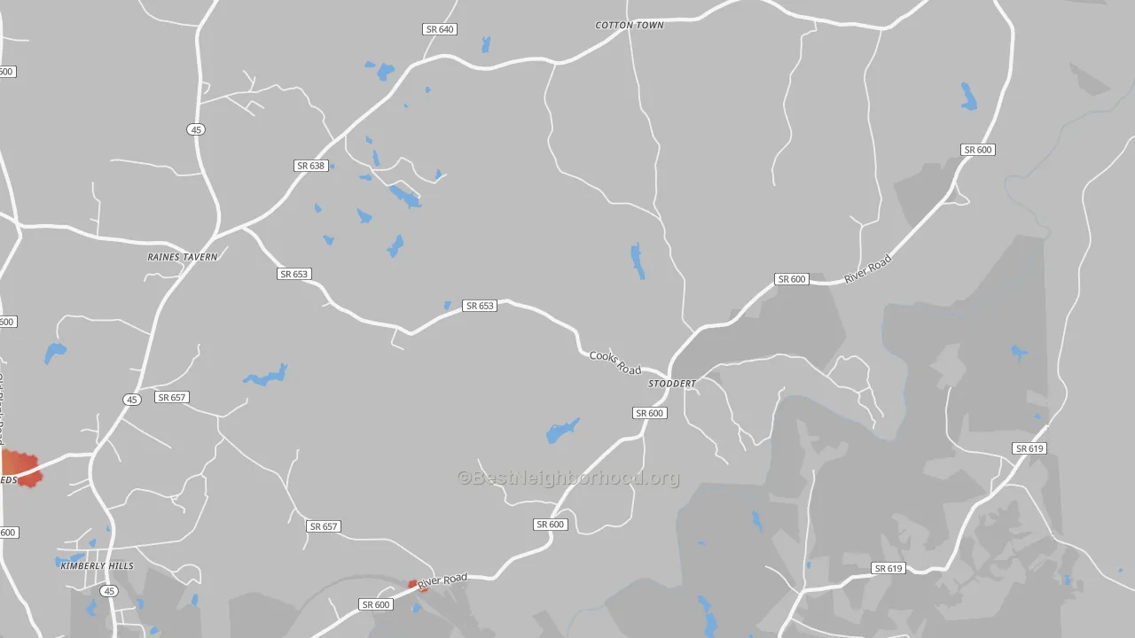 Walk Grade map of Stoddert, VA, walkable areas in green and car-dependent areas in red