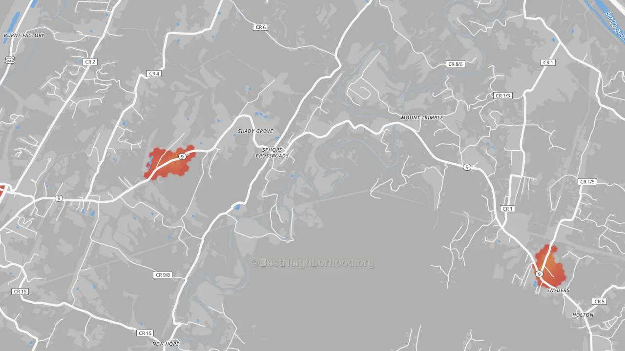 Walk Grade map of Stohrs Crossroads, WV, walkable areas in green and car-dependent areas in red