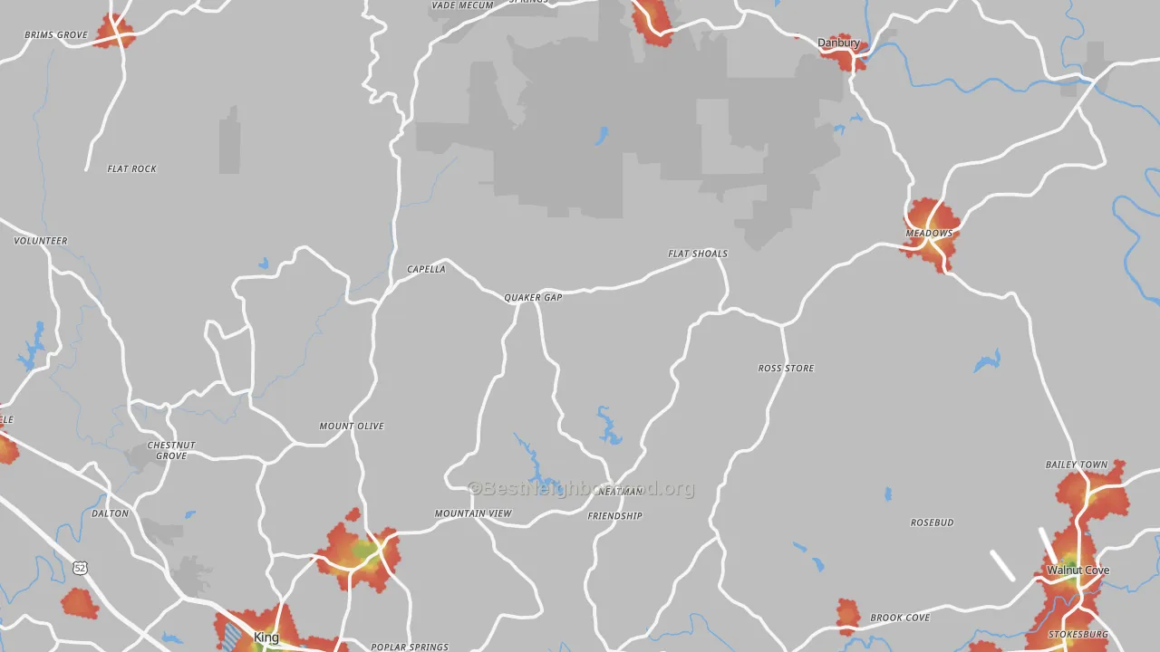 Walk Grade map of Stokes County, NC, walkable areas in green and car-dependent areas in red