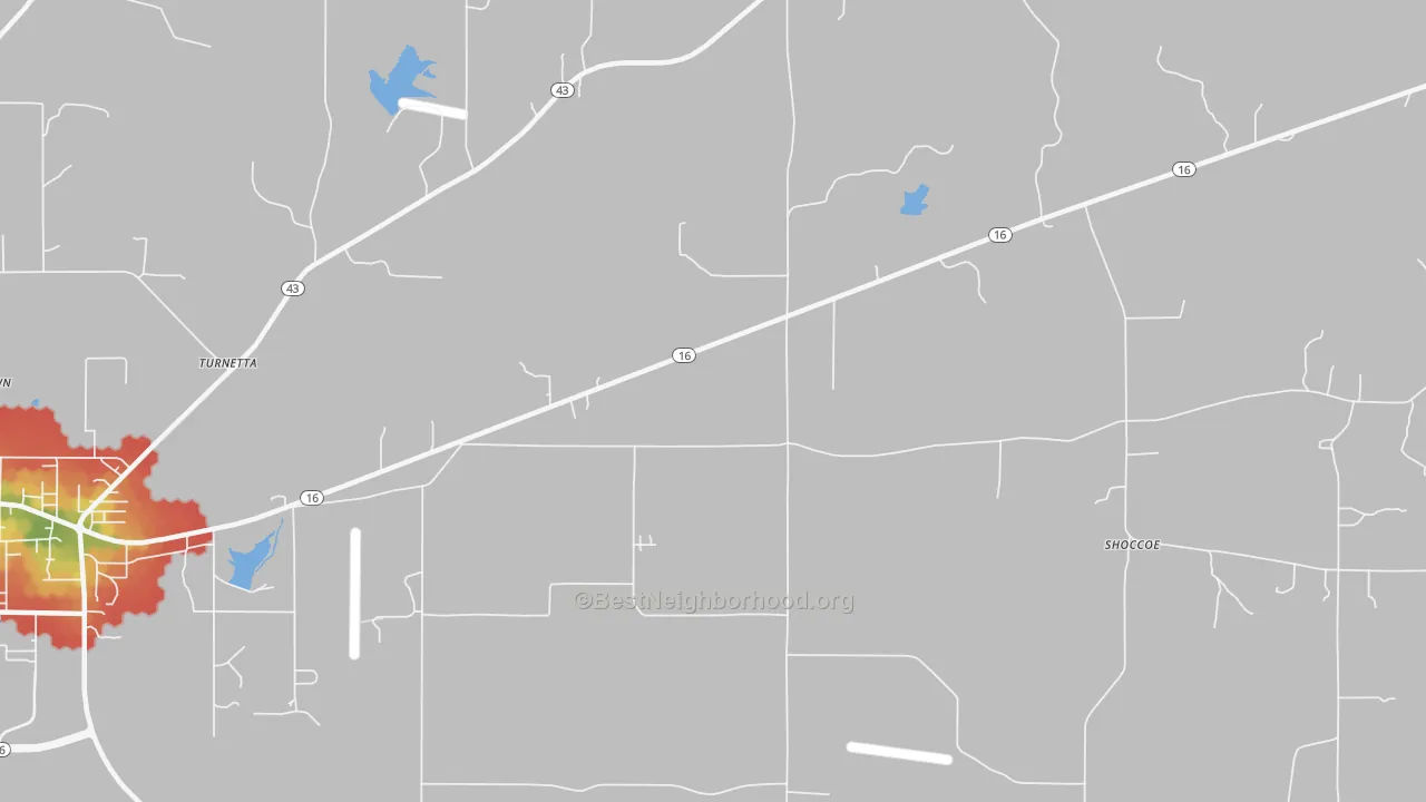 Walk Grade map of Stokes, MS, walkable areas in green and car-dependent areas in red